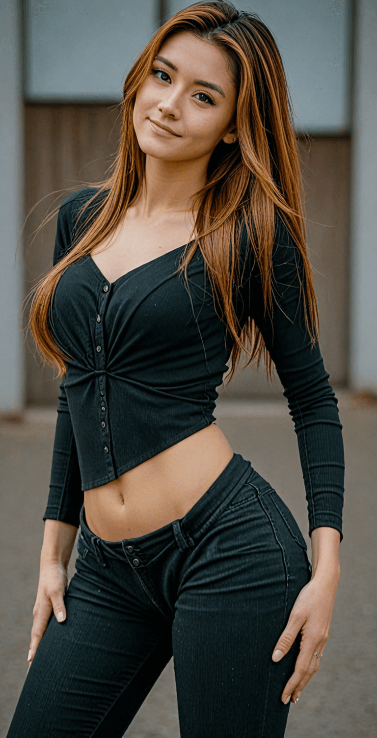 AI generated: The image features a beautiful young woman wearing a black shirt and black pants. She is posing conf...