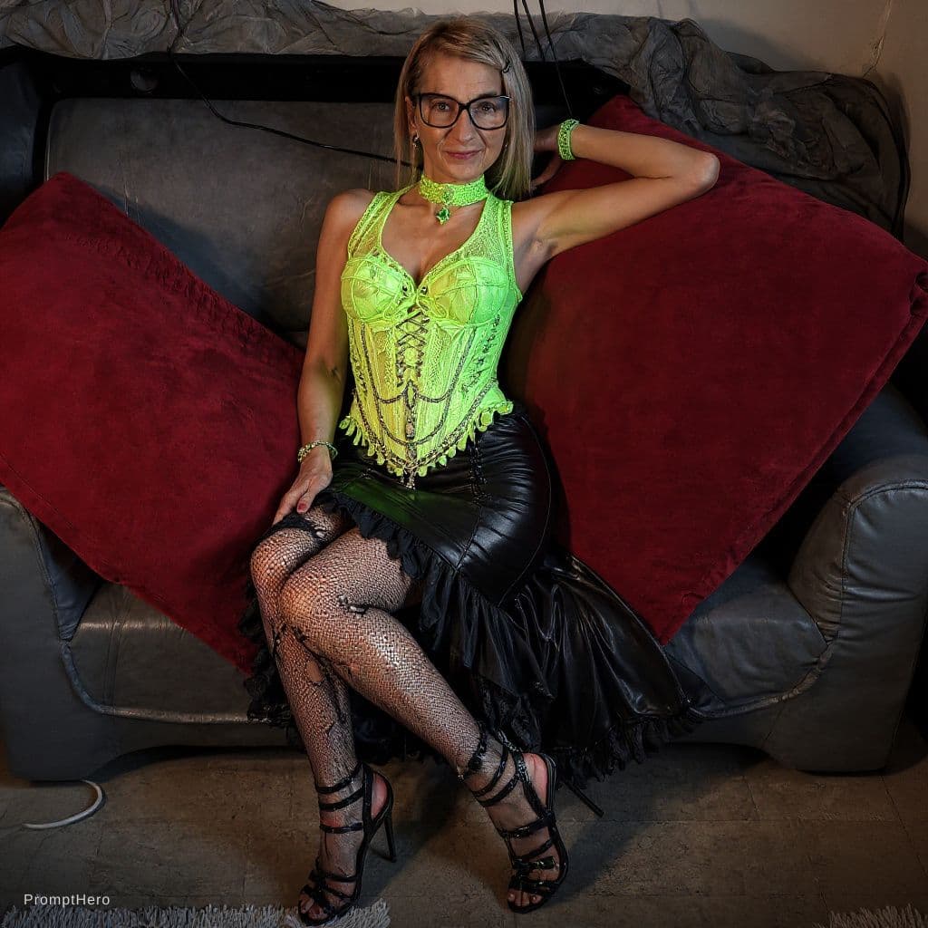 AI generated: wearing a neon green mesh crop top paired with a black leather short skirt adorned w with very high ...