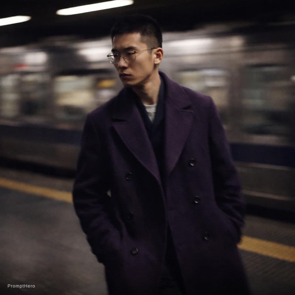 AI generated: fashion editorial photography, motion blur, male model, wearing an wool coat, deep purple color, wal...