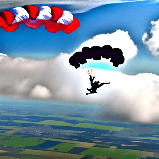 AI generated: Skydiver with parachute, falling through the clouds