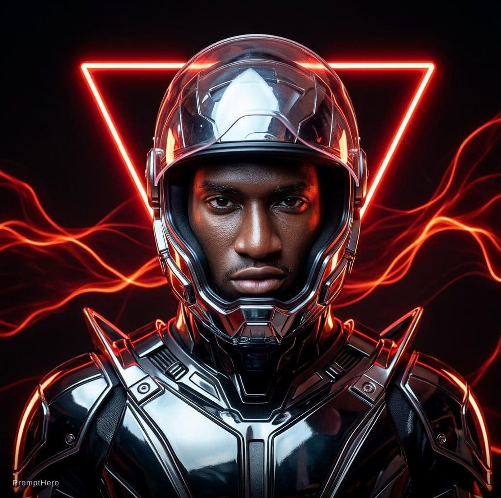 AI generated:  futuristic cyborg boy featuring a captivating reflective cybernetic helmet adorned with glowing tri...