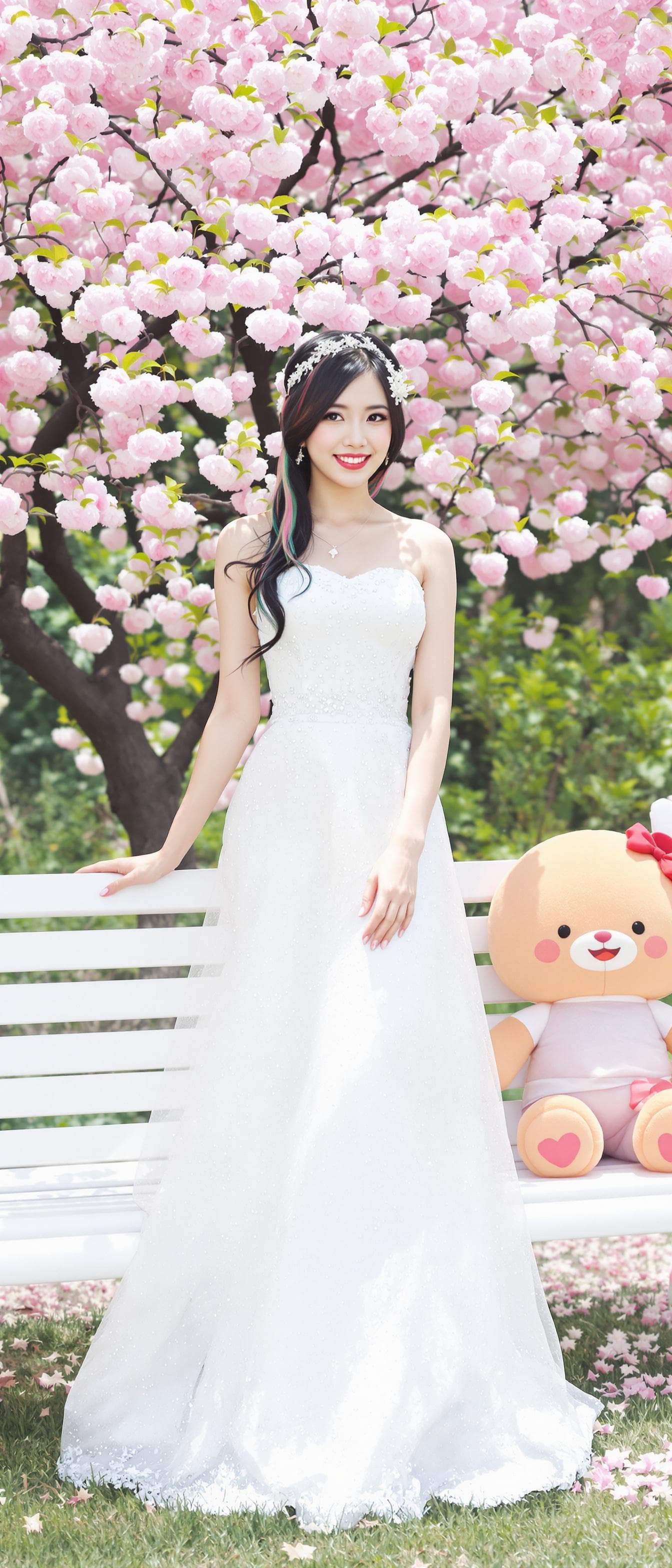 AI generated: a woman, indonesian woman, outdoors, garden, cherry blossoms, standing, black hair, multi color hair...
