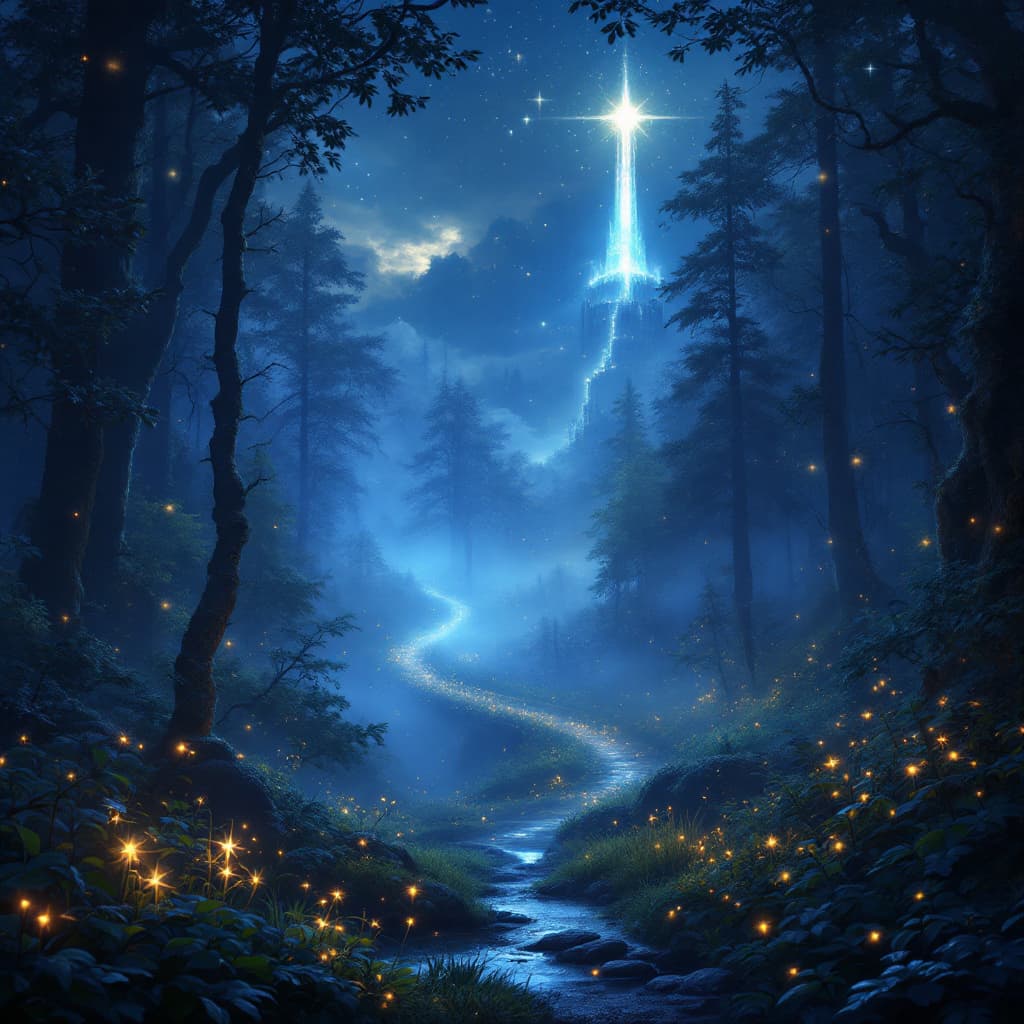 AI generated: a mystical and magical forest scene at night. The forest is bathed in soft moonlight, with glowing p...