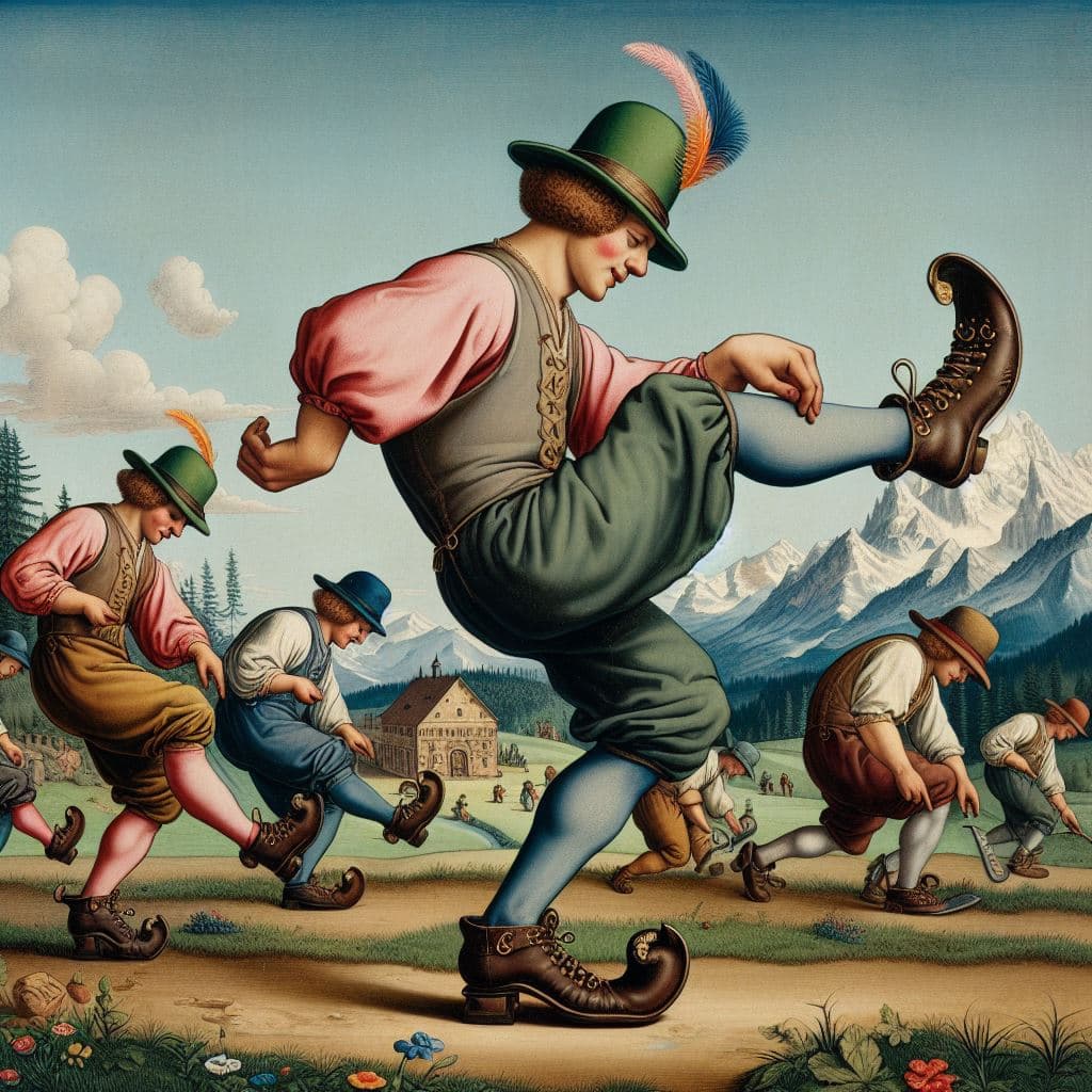 AI generated: Austrian folk dance group performing Schuhplattler, style of Albrecht Dürer