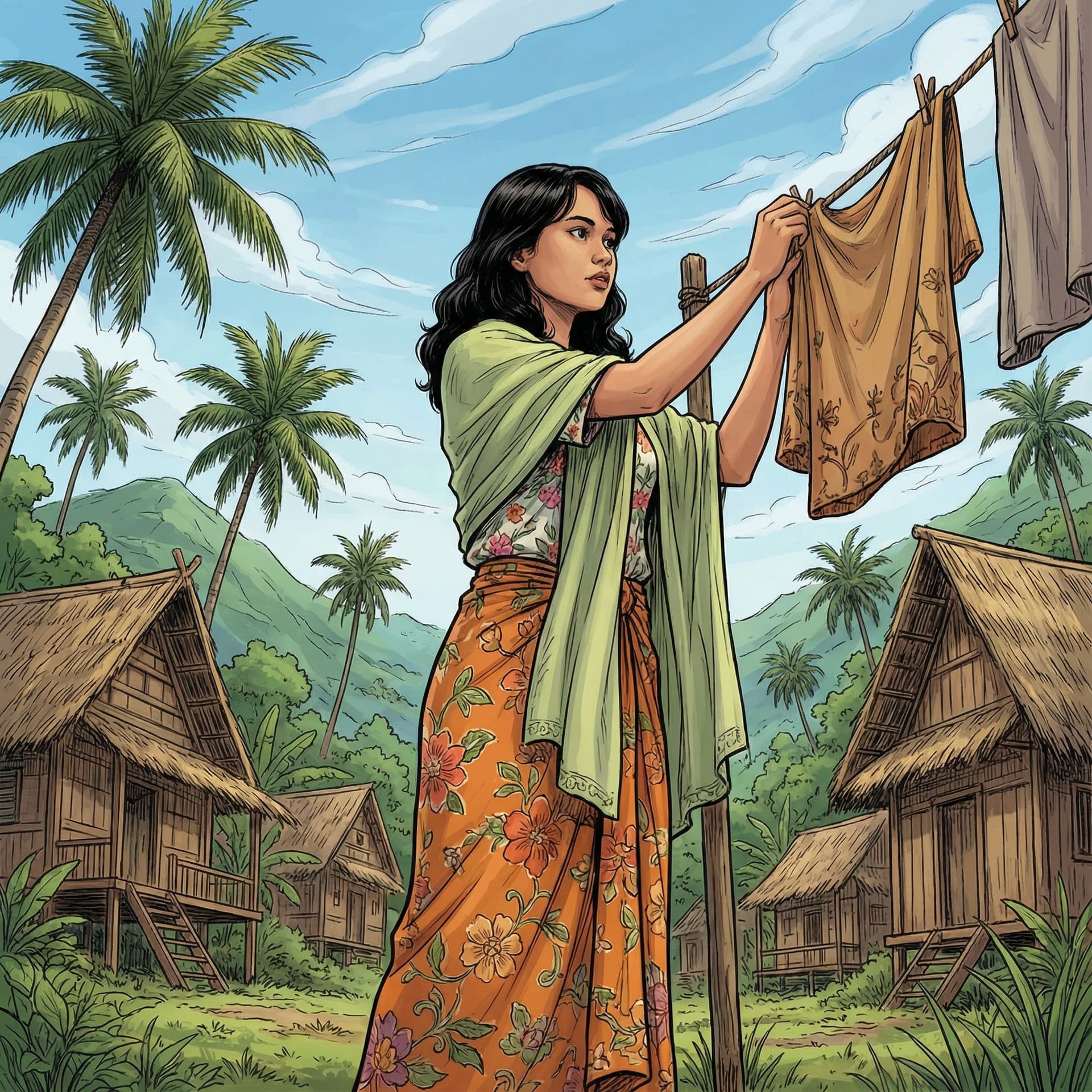 AI generated: Picture of a girl (use the character in the uploaded image), dressed in a floral cotton batik dress ...