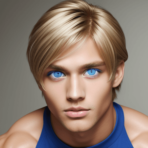 AI generated: big blue eyes, brown skin, muscular, light blonde hair, bobbed hairstyle, happy, 