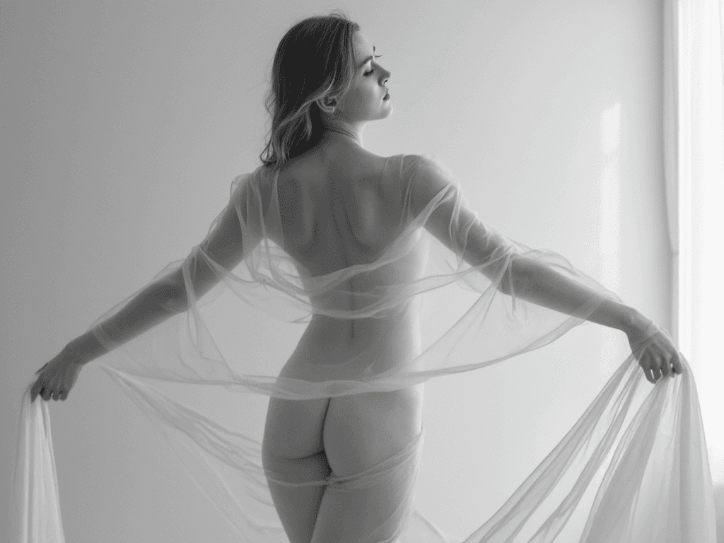 AI generated: A minimalist black-and-white photograph of a nude woman, her face and body elegantly obscured by lon...
