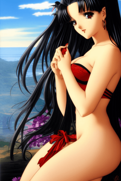 AI generated: anieyes gril with long black hair wearing a red lingerie, a fine art painting by Anne Stokes, (simet...