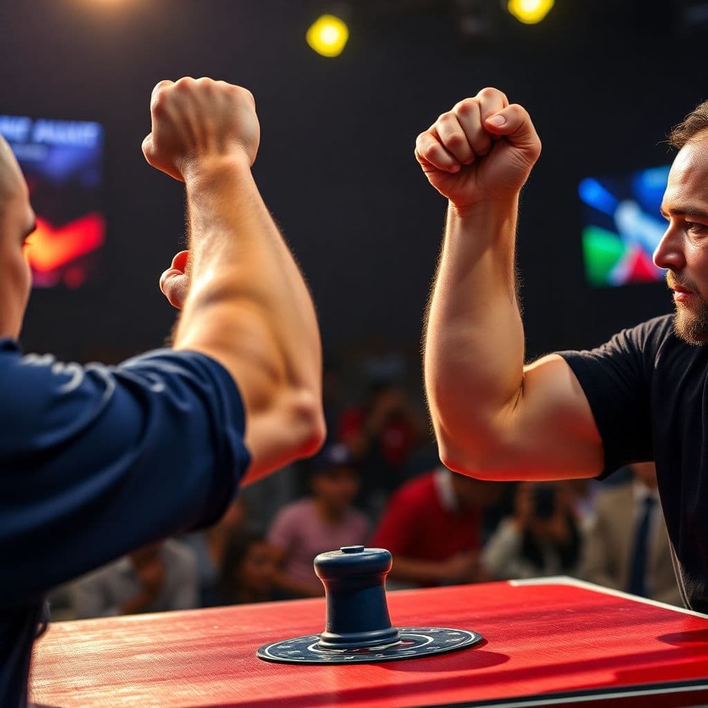 AI generated: powerful arms of armwrestlers during the fight at the professional armwrestling table, you can clear...