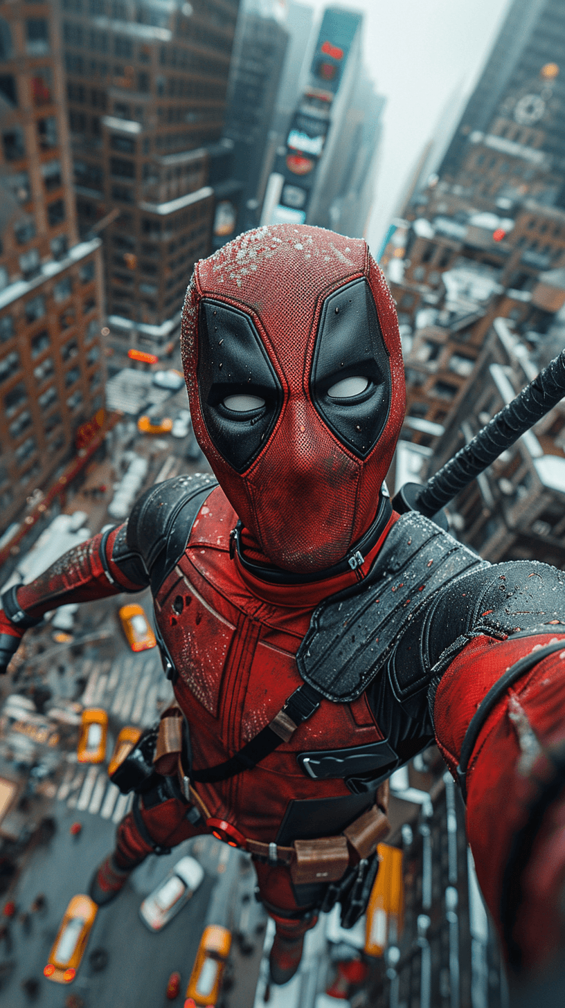 AI generated: A selfie of Deadpool in New York City, he is flying above the city, wearing his red and black costum...