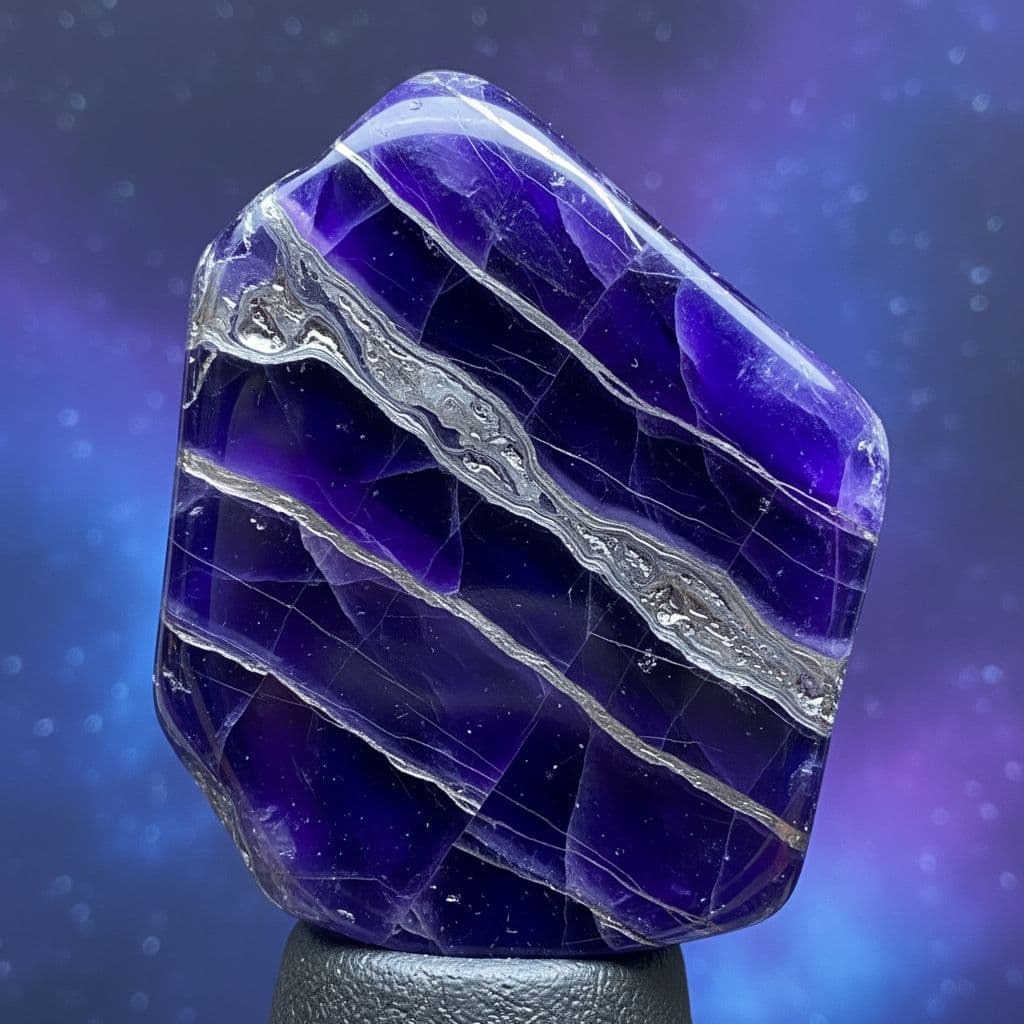 AI generated: Blue and Purple Crystal with Silver veins like marble running through it 