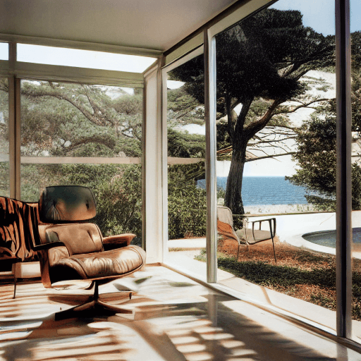 AI generated: Hyper realistic eye level exterior photo of a mid century modern style house overlooking the ocean, ...
