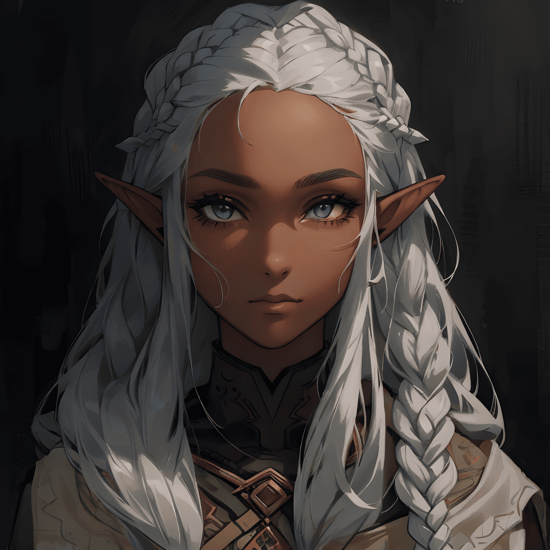 AI generated: a close up of a person with long hair, inspired by WLOP, white braids, ( ( dark skin ) ), a portrait...