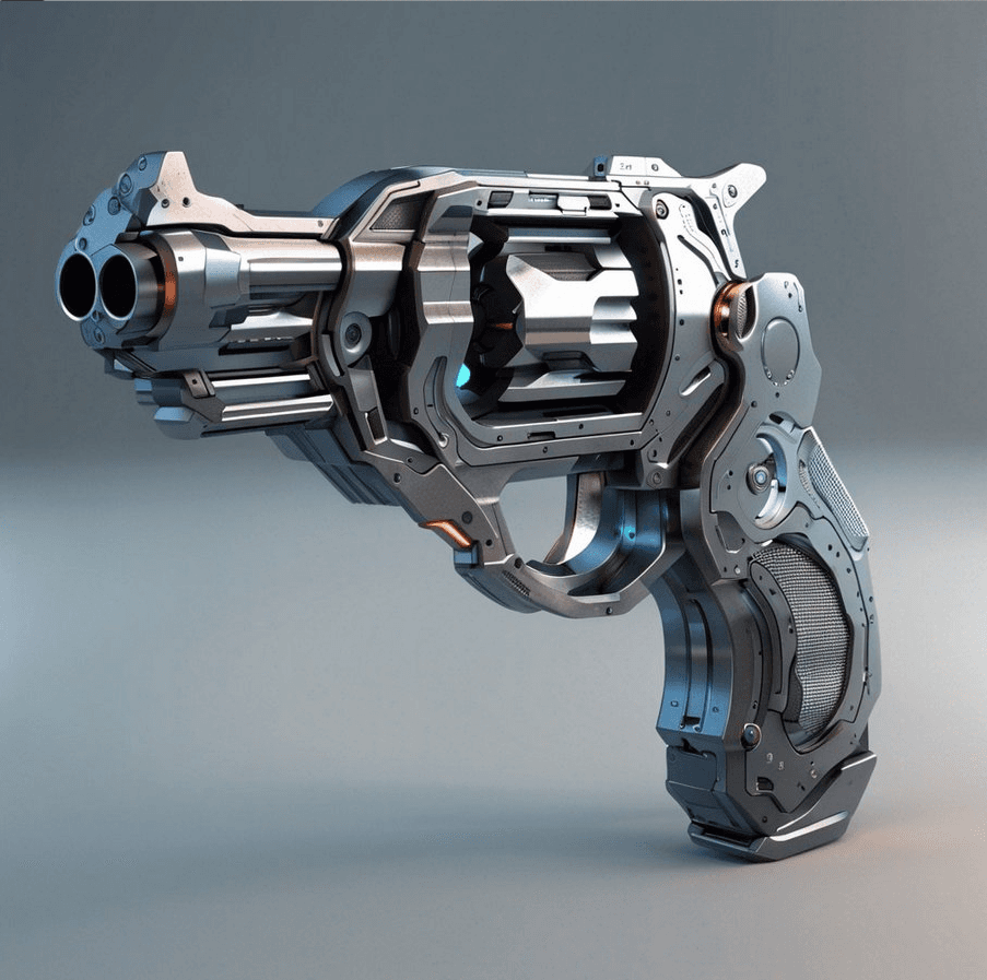 AI generated: a futuristic gun is shown on a gray background, a computer rendering by Patrick Adam, featured on zb...