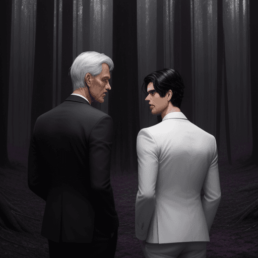 AI generated: Create a painting with a gloomy forest with tall trees around with dark and purple atmosphere. In th...