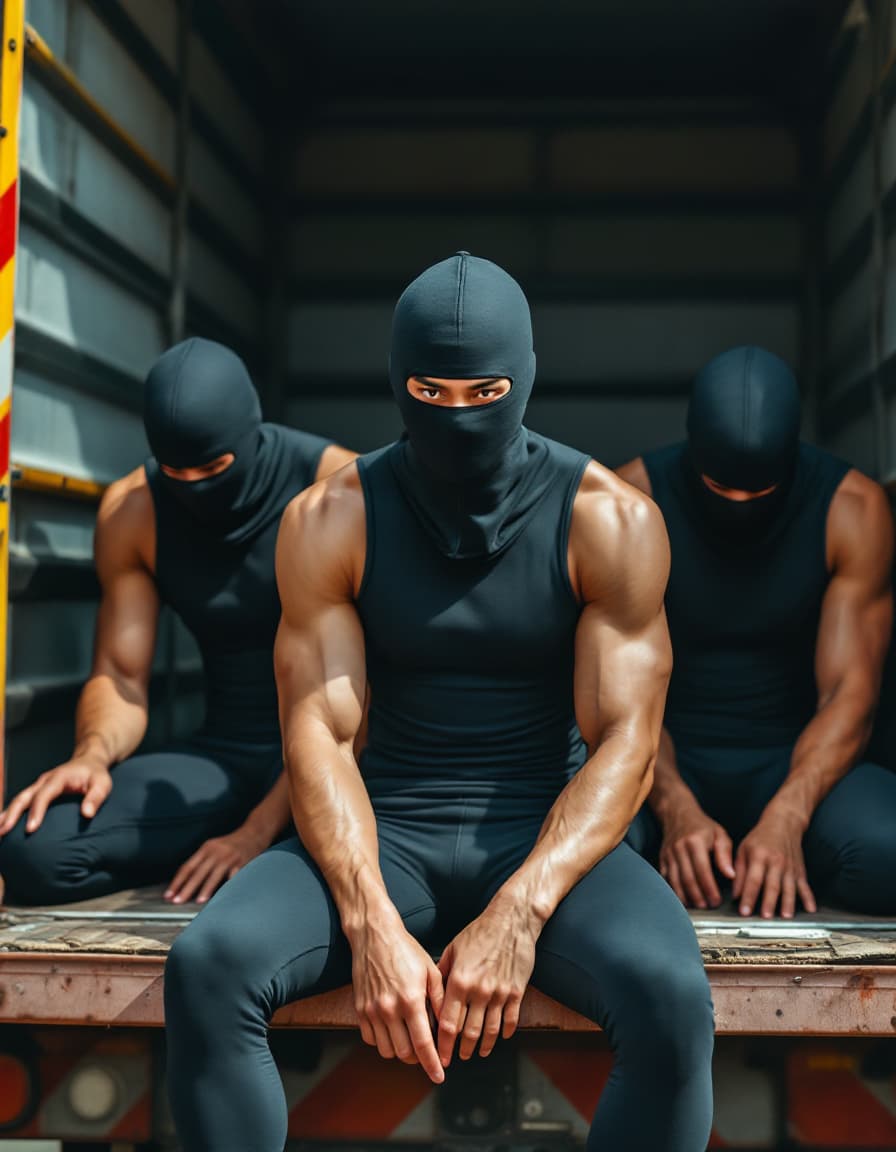 AI generated: Three muscular male Asian Chinese wear tight navy colour compression jammers arrested by policemen i...