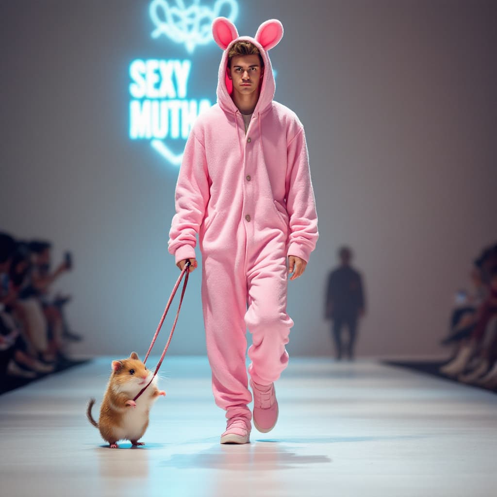 AI generated: A 22 yo man dressed in a one piece pink bunny pajamas leads a pet hamster on a leash while walking a...