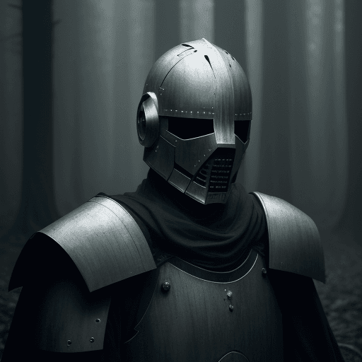 AI generated: cybernetic style dull outdoor forest, photo of a knight with no face, wearing opened helmet no face ...