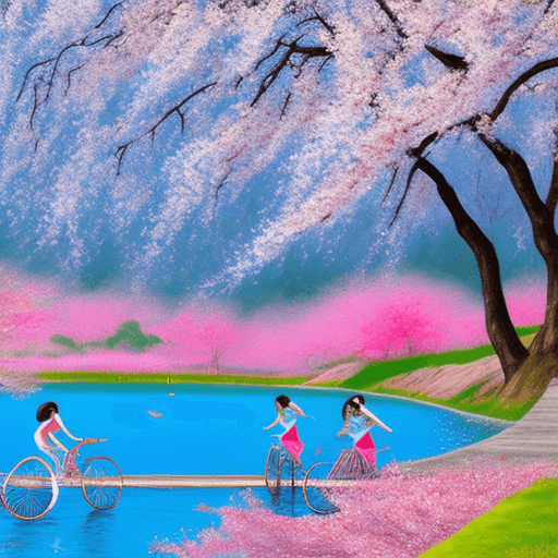 AI generated: Blue lake, cherry blossoms in full bloom, girls riding bicycles