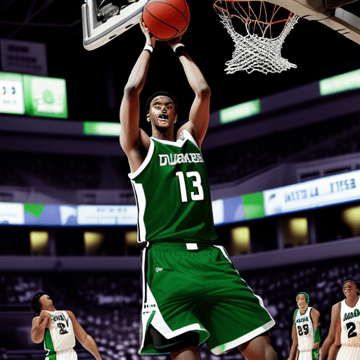 AI generated: An African-American basketball player is dunking, the player has a green jersey with four vertical b...