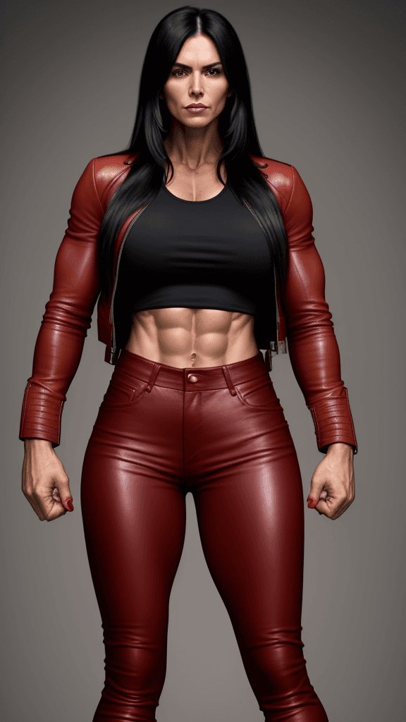 AI generated: 30 year old strong muscular woman, toned biceps, long black hair, wears red leather pants, wears red...