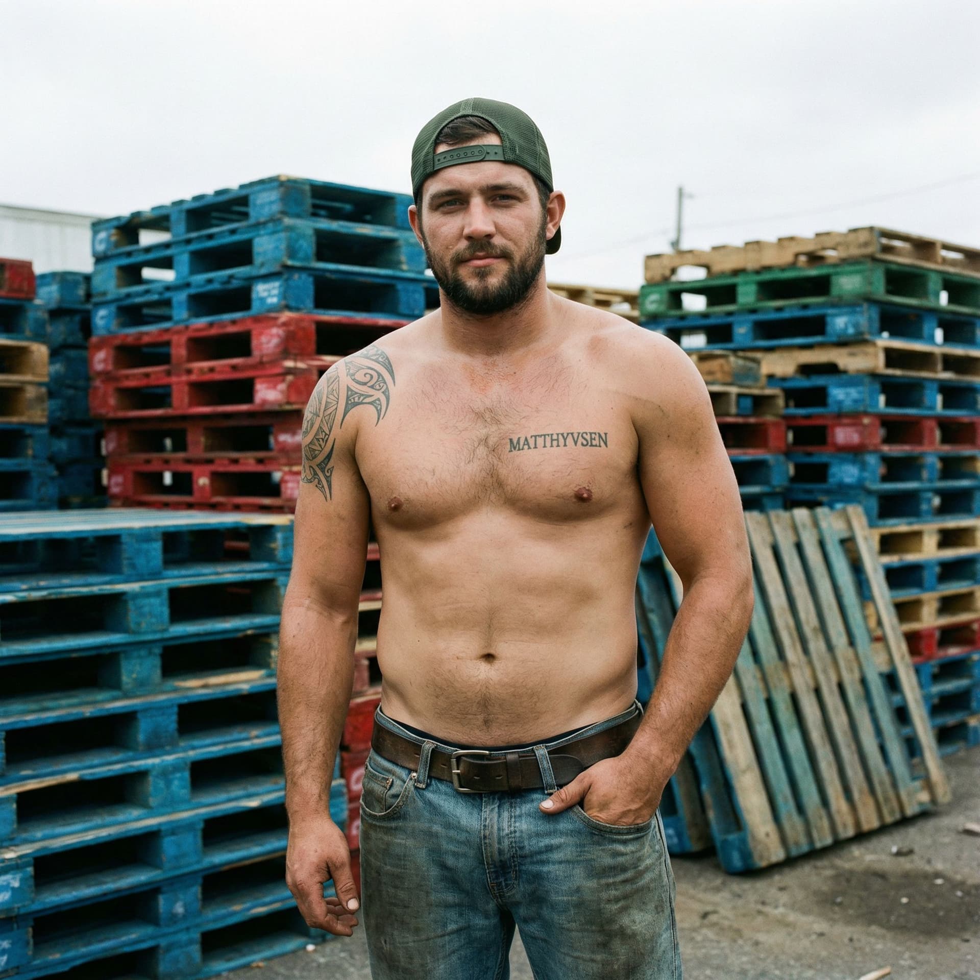 AI generated: Raw candid unposed photograph, natural spontaneous shot of a rugged 28-year-old white man with very ...