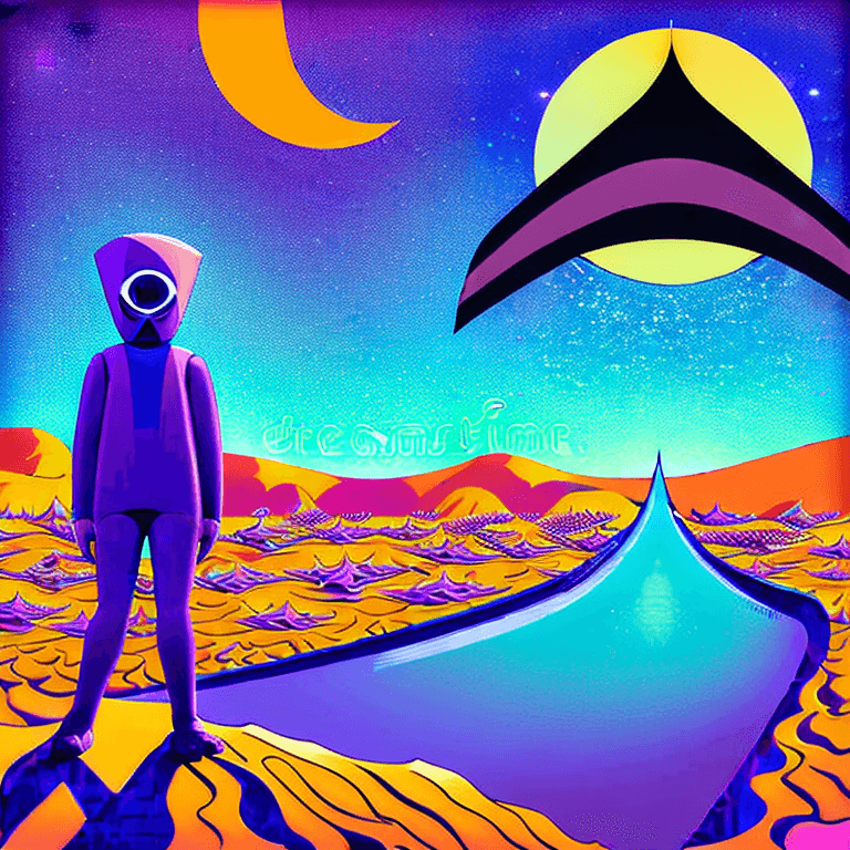 AI generated: album cover vector illustration of a strange mysterious desolate desert with blue sand , painting li...