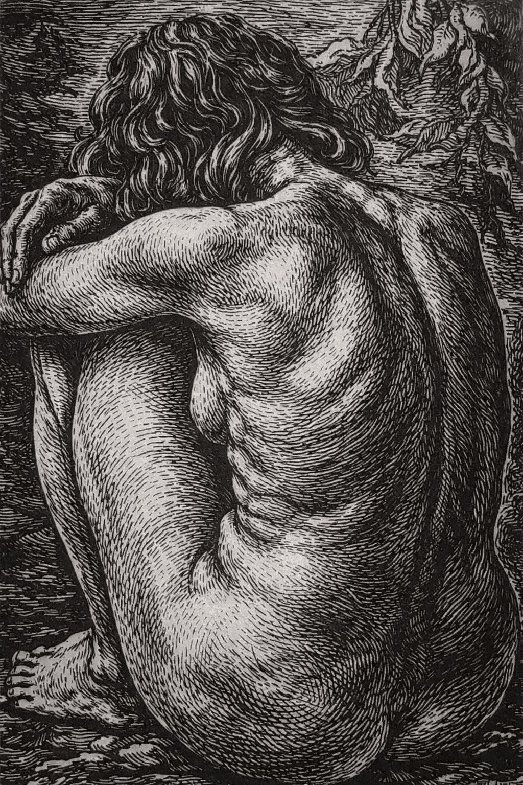 AI generated: sad nude woman sitting from behind, curled up posture, hugging her knees, head down, long wavy hair ...