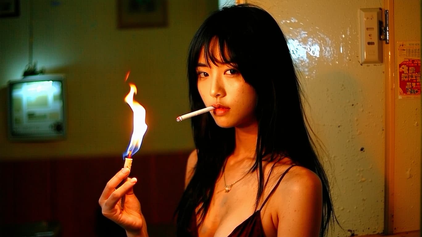 AI generated: In a damp, run-down motel room， a stunning Asian model with long black hair, wearing dark red spaghe...
