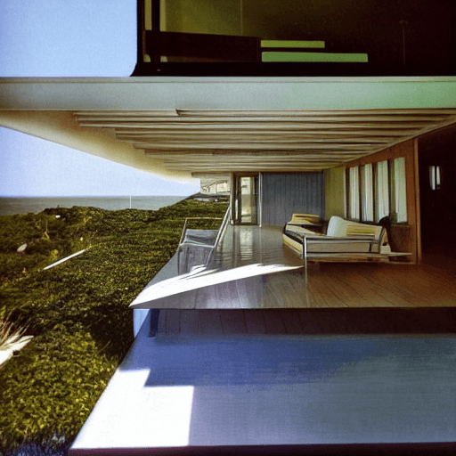 AI generated: hyper realistic eye level exterior photo of a mid century modern style house overlooking the ocean, ...