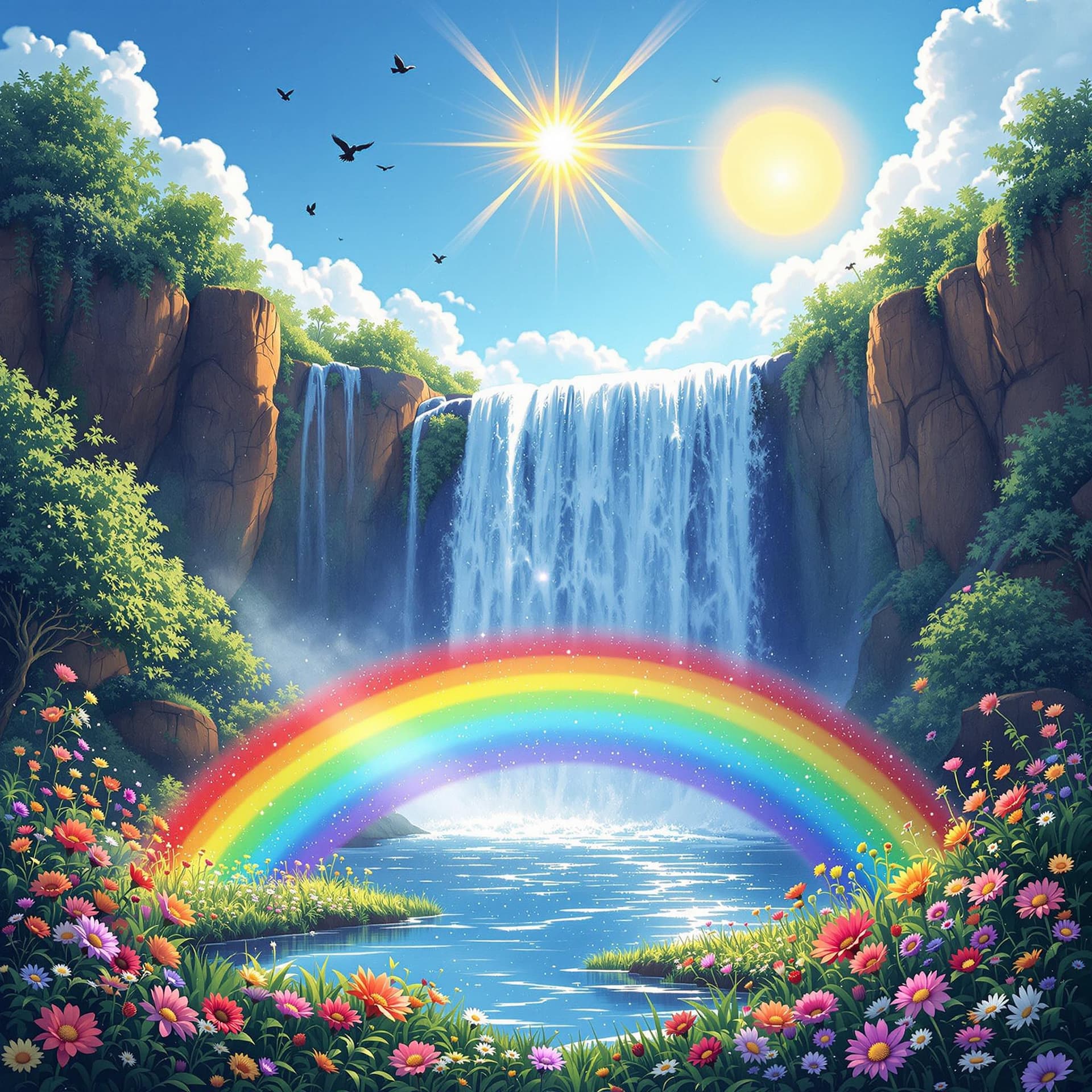 AI generated: A waterfall and where it meets the ground there is a rainbow. The sun is shining the sky is blue. Th...