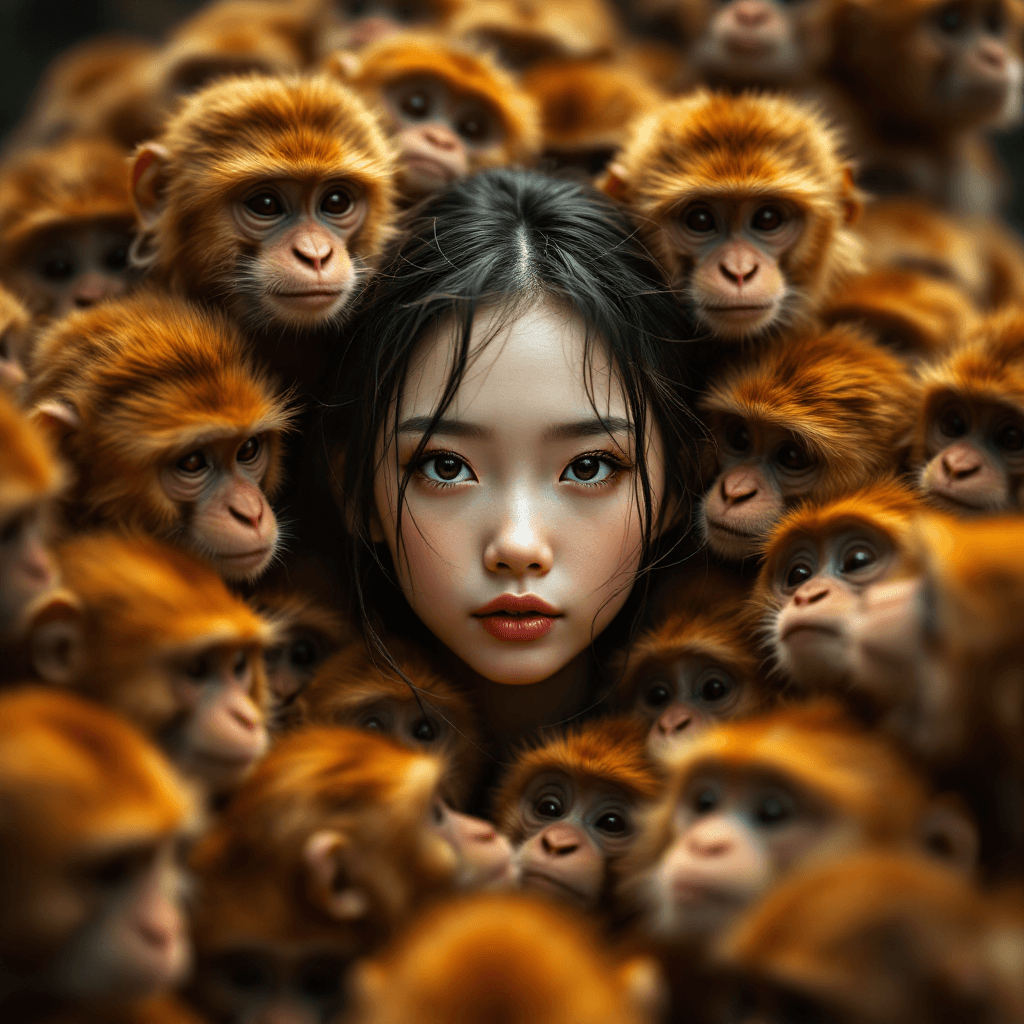 AI generated: a girl's face in the middle of many monkeys face, in the style of chinapunk, iconic album covers, so...