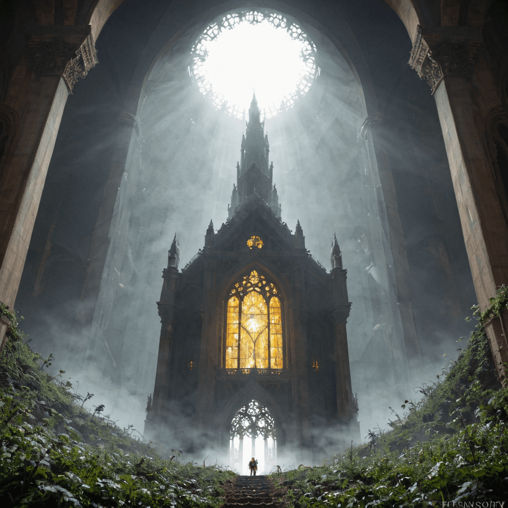 AI generated: crumbling sanctuary at the end of time flooded with wild overgrowth::1.2