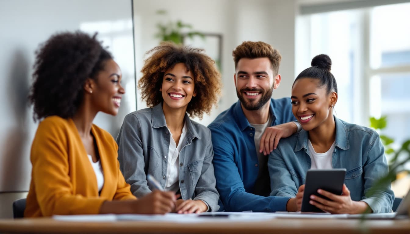 AI generated: `/imagine prompt: Diverse team of professionals brainstorming in modern office:

African woman (conf...