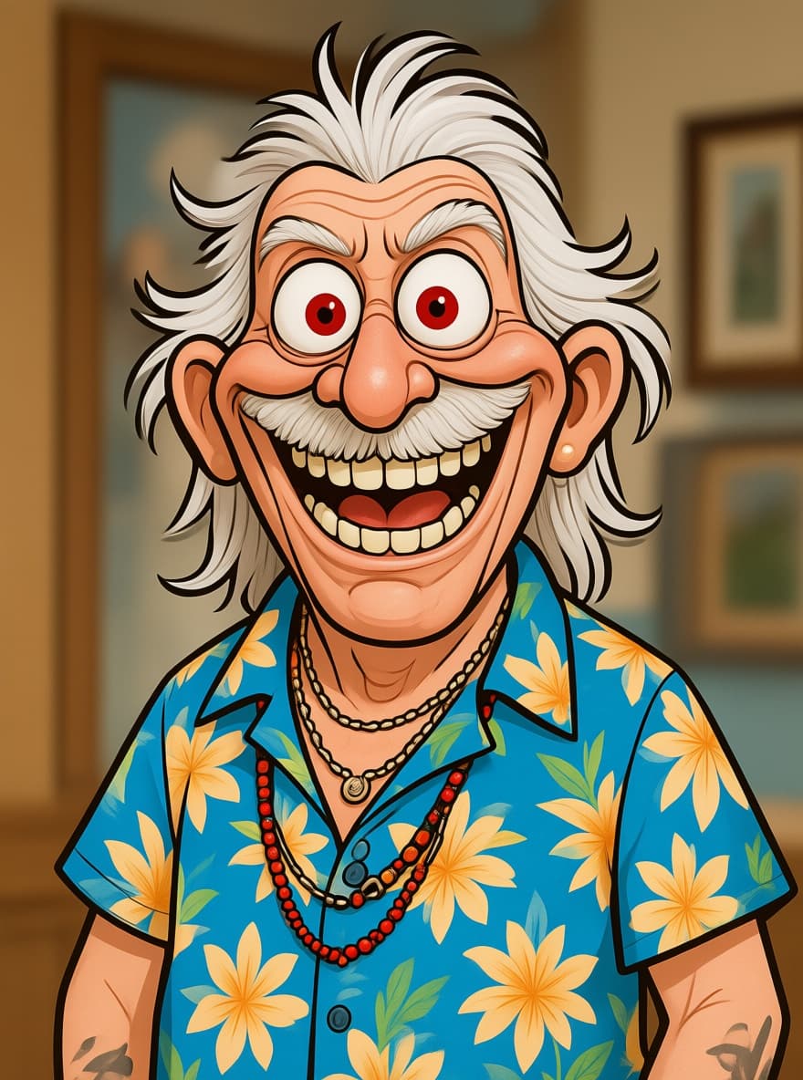 AI generated: funny caricature, exaggerated cartoon human, male, 77 years old, wild- silver haired, big-nosed, too...