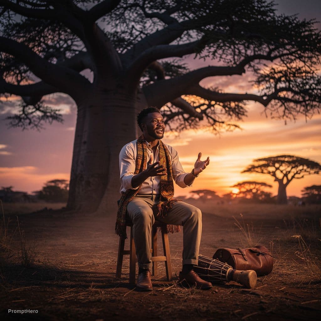 AI generated: Je veux créer un griot Africain seul assis sur un tabouret qui rencontre des histoires mystérieuse s...