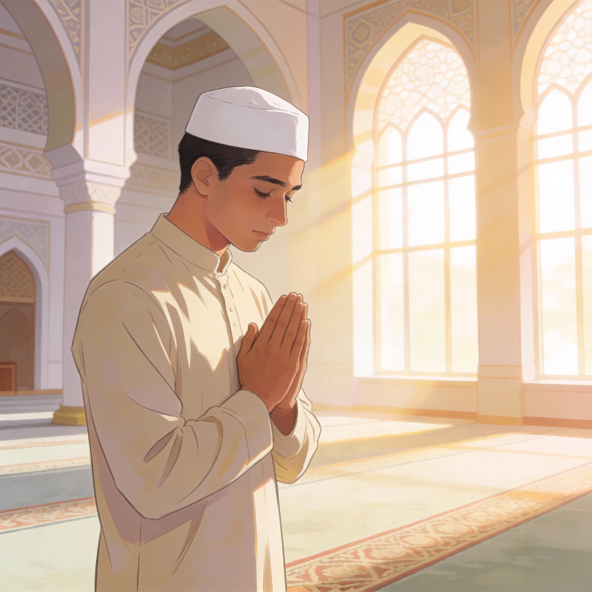 AI generated: A serene digital illustration of a young Muslim man standing in prayer inside a mosque. He is wearin...