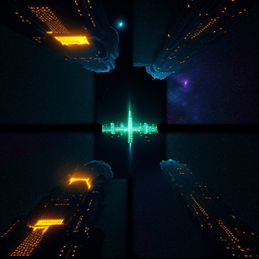 AI generated: city in space, each building glows a different color