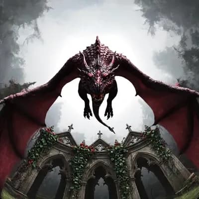 AI generated video: Fisheye lens  aerial perspective perspective looking down from a birds eye view onto a dragon in fli...