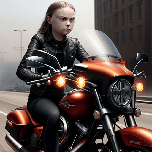 AI generated:  hyper realistic, diabolic Greta Thunberg in leather, driving a Harley Davidson, air pollution, spee...
