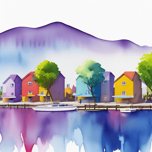 AI generated: A captivating minimalist village on the waterfront, in a mix of purples, blues, yellow, and reds. In...