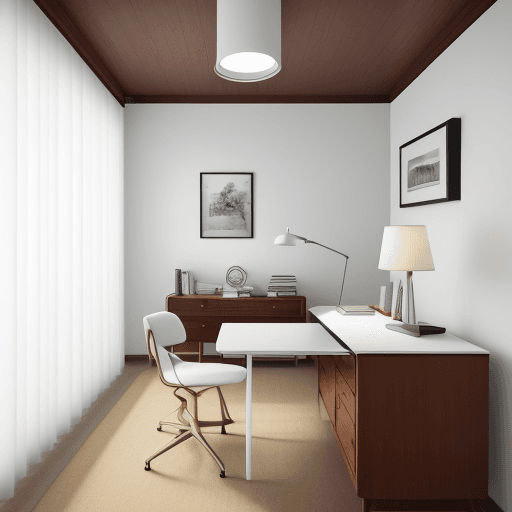 AI generated: photograph, home office, mid-century, cloudy, creating a warm white and inviting atmosphere, such as...