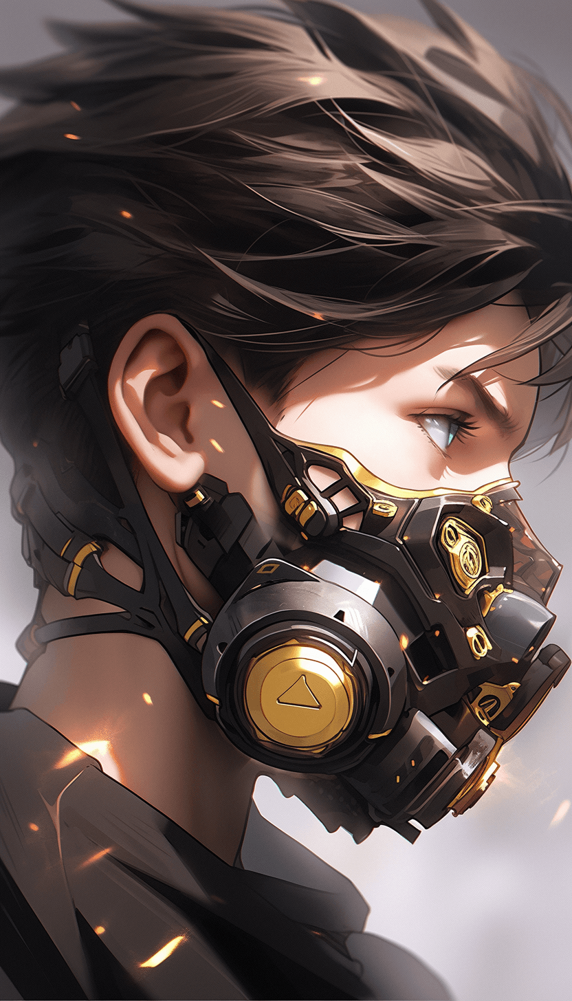 AI generated: young man, dark brown hair, blue eyes, pale complexion, wearing a gold and black gas mask, breathing...