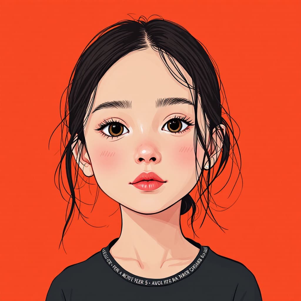 AI generated: illustration, upper-body, girl 5 years, front, face, gaze, two randomly three limit colors, outline,...