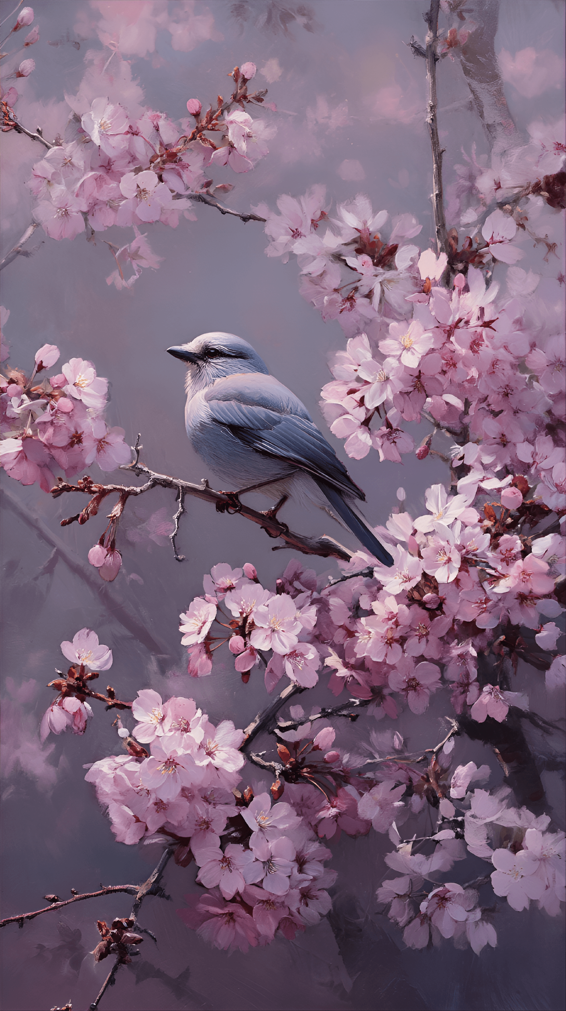 AI generated: small, light-purple-gray and blue bird, seemingly a jay, is perched on a branch laden with clusters ...