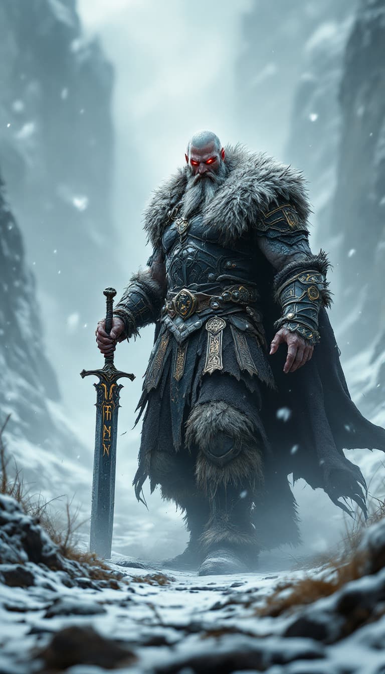 AI generated: An ultra-realistic, zoomed out, front facing full-body portrait of a towering Berserker, his fur-lin...