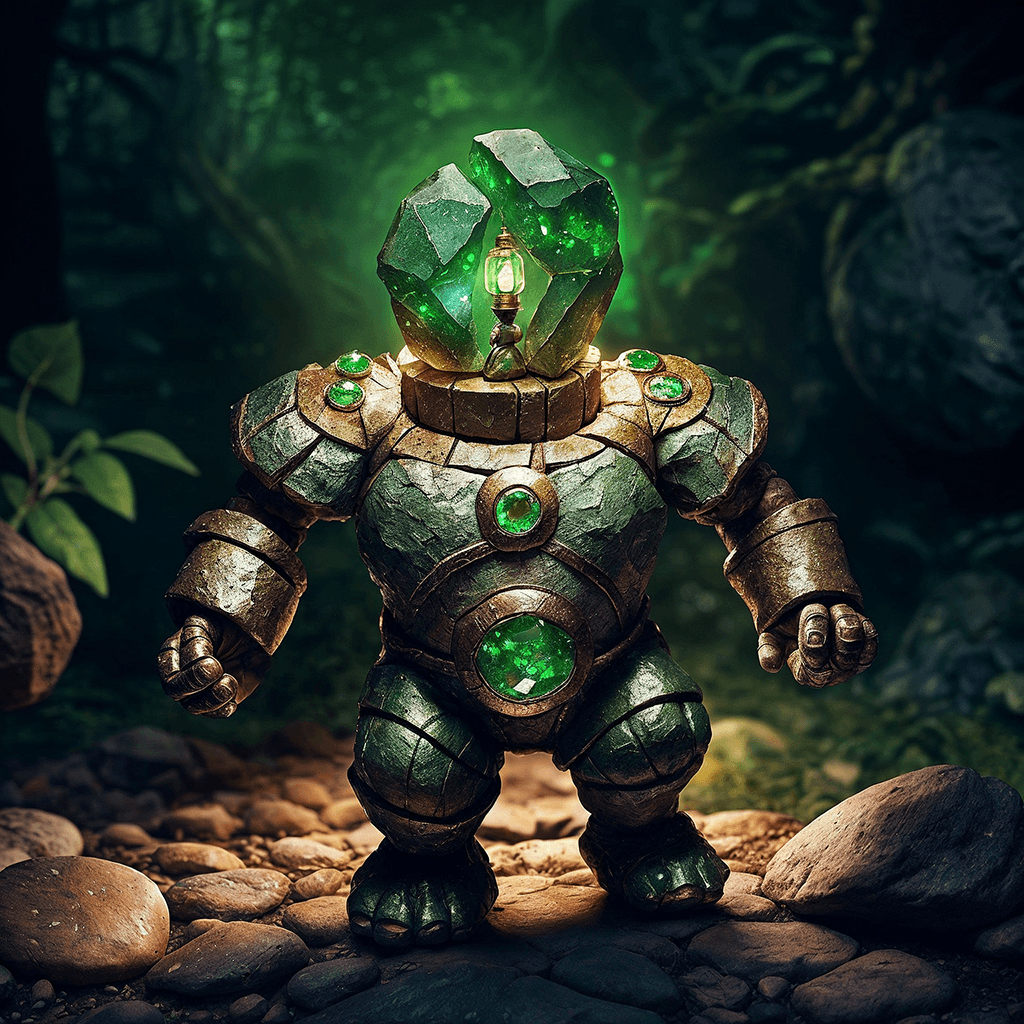 AI generated: fairy tale A small golem made of rocks and emeralds, with big eyes, and with an ancient lantern in h...
