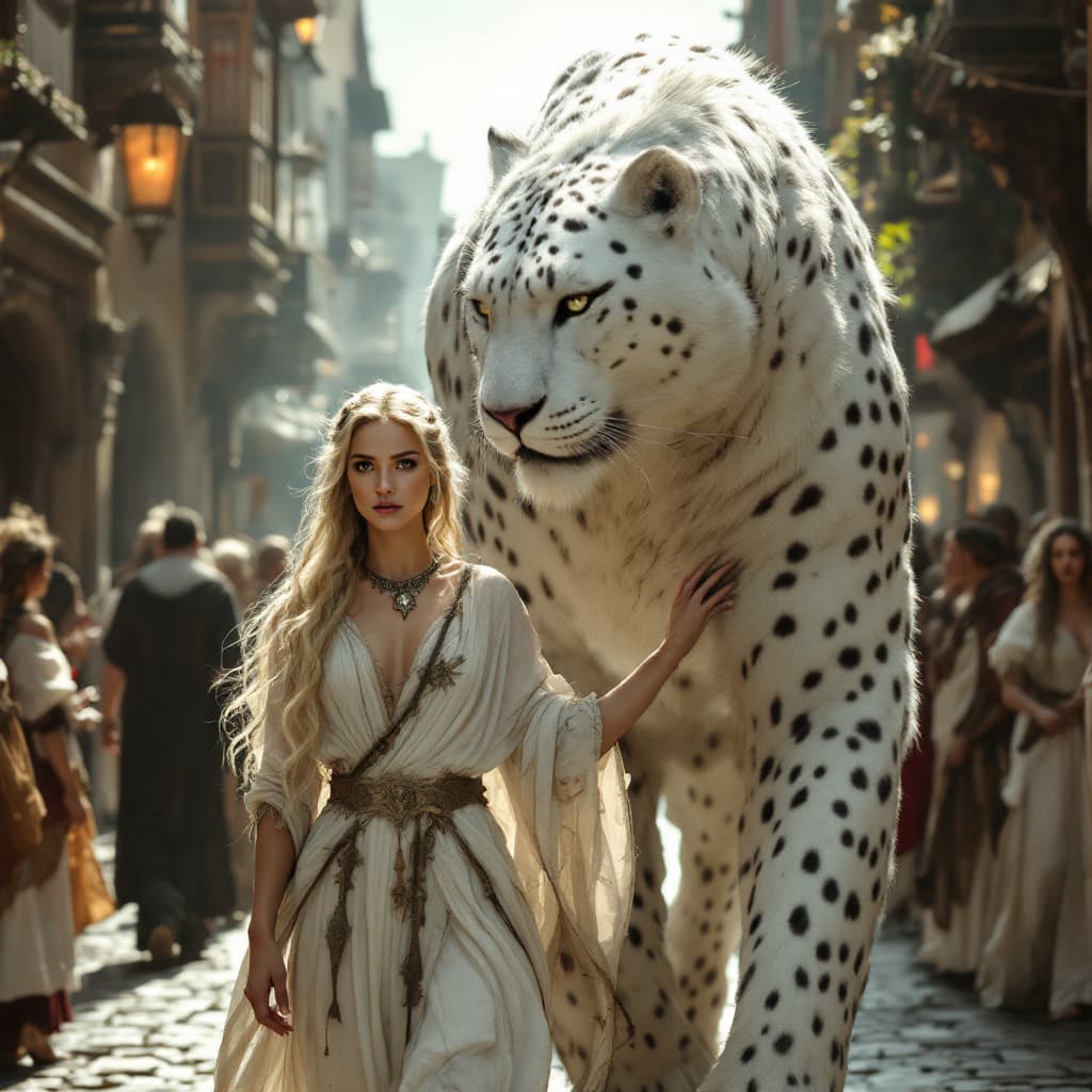 AI generated: A hyper-realistic image of a woman with long, blonde hair, dressed in ancient Celtic garb, walking n...