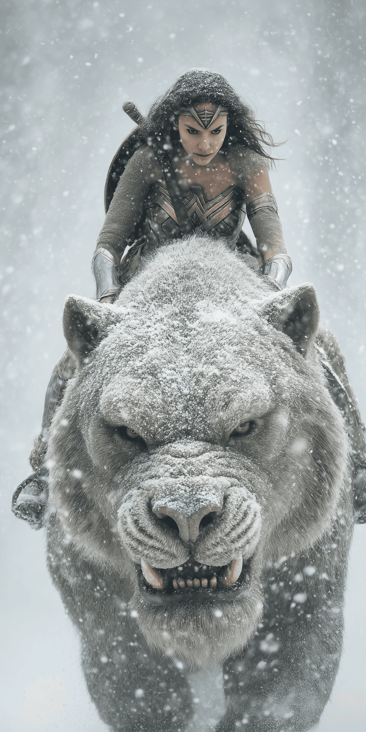 AI generated: Highly detailed, photorealistic image of Wonder Woman riding the head of an animal in battle during ...