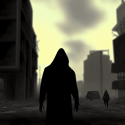 AI generated: Ruined post-apocalyptic city. Hooded person from the back.